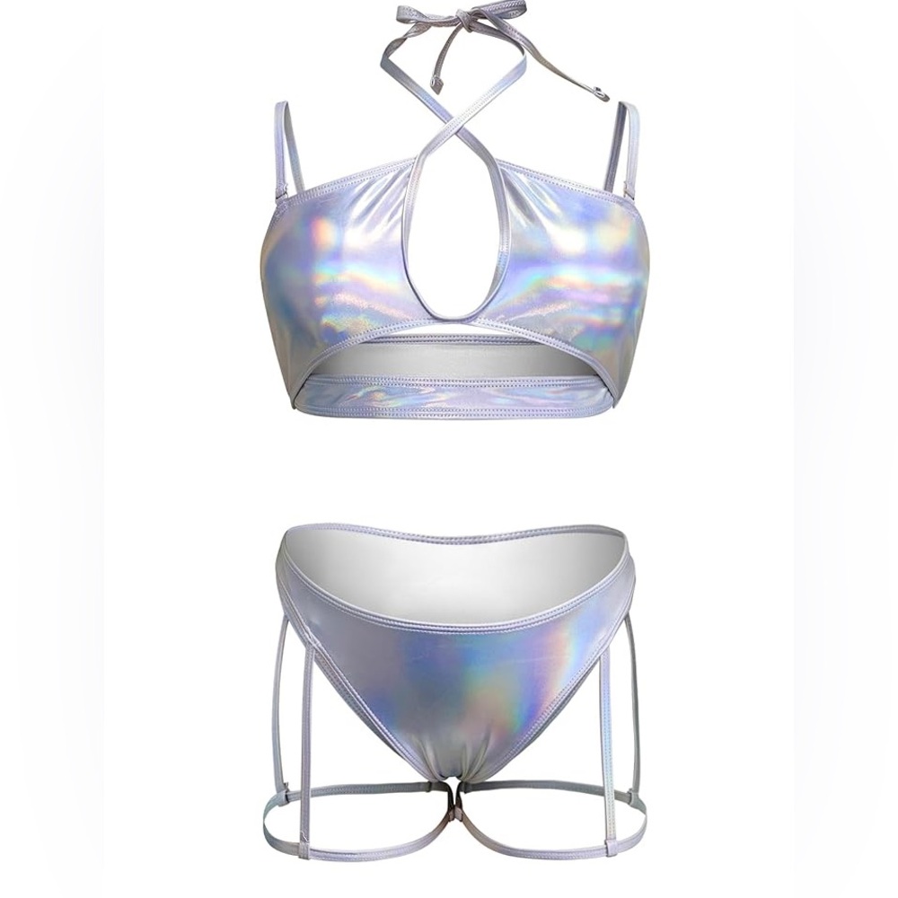 Holographic Bodysuit Set – Halter Crop Top & Leg Garters, Metallic Festival & Wi